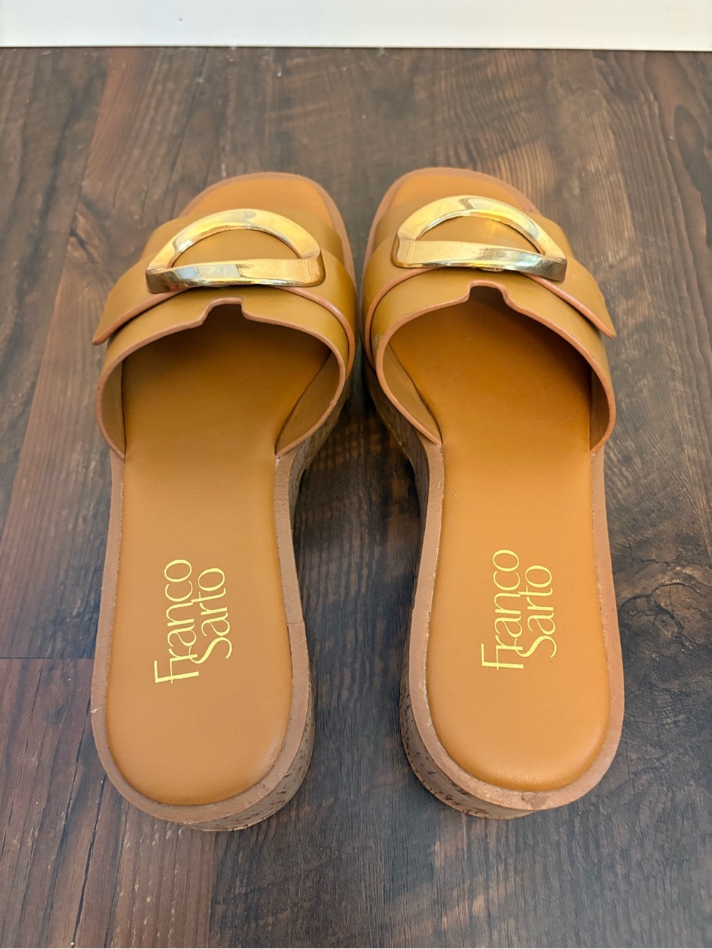 Franco Sarto Cognac Slide Sandals with Gold Oval Accent - Picture 2 of 8